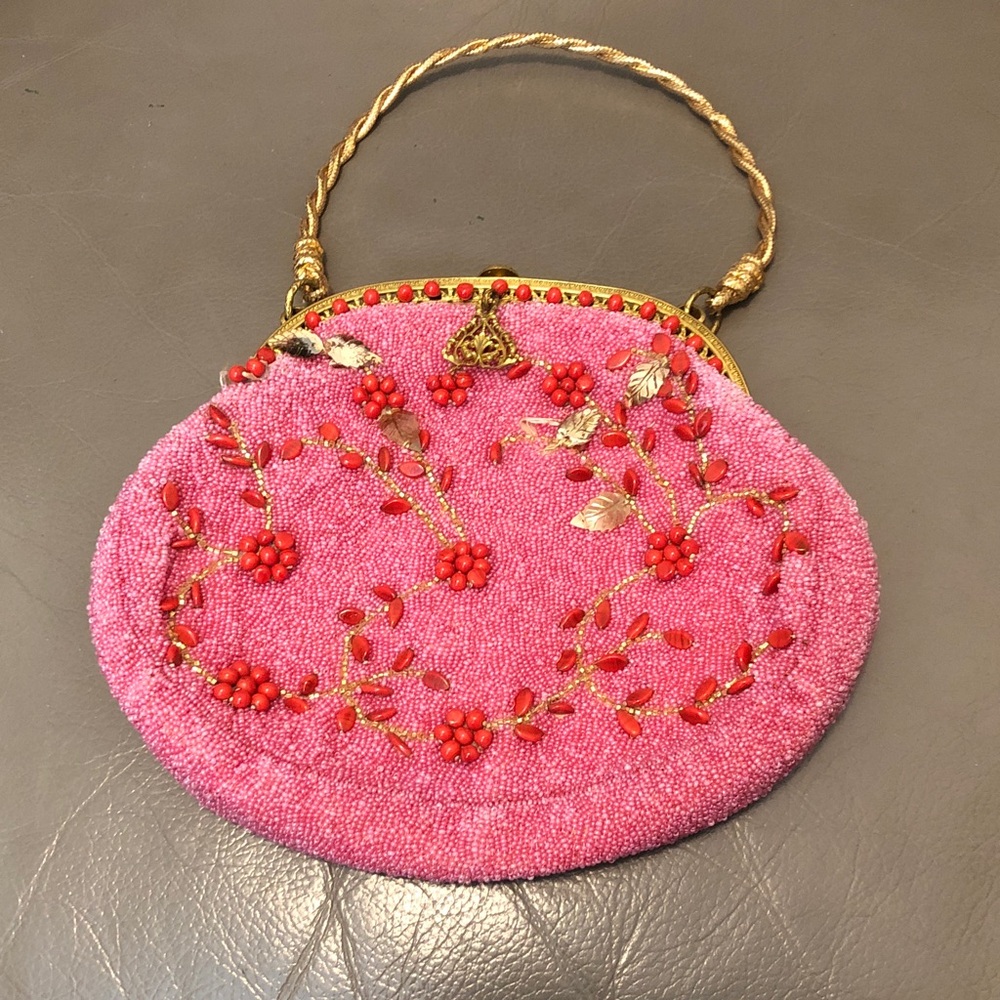Antique Pink Beaded Floral Embroidered Handbag Made in France Please Read